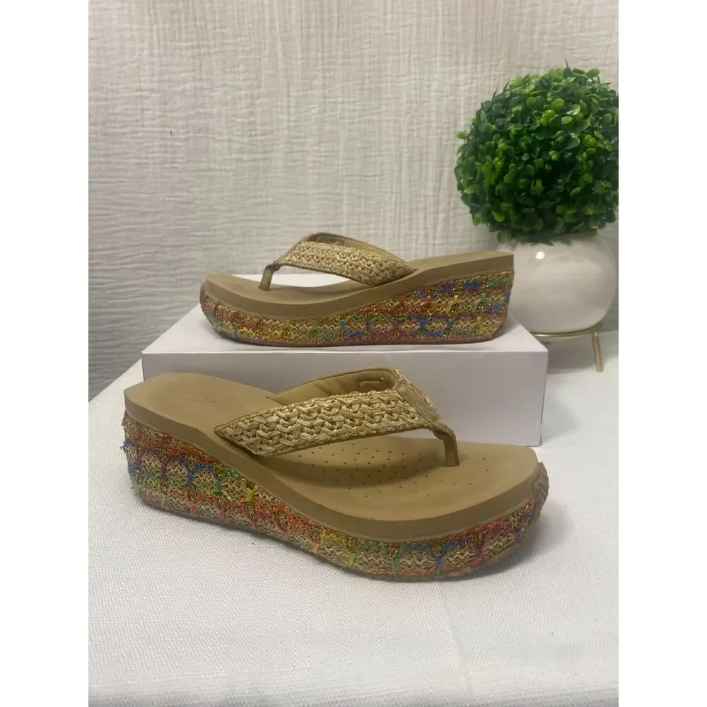 Volatile Wedge Flip Flop Sandals Women's Sz 9 Espadrilles Beige Multicolor Boho
